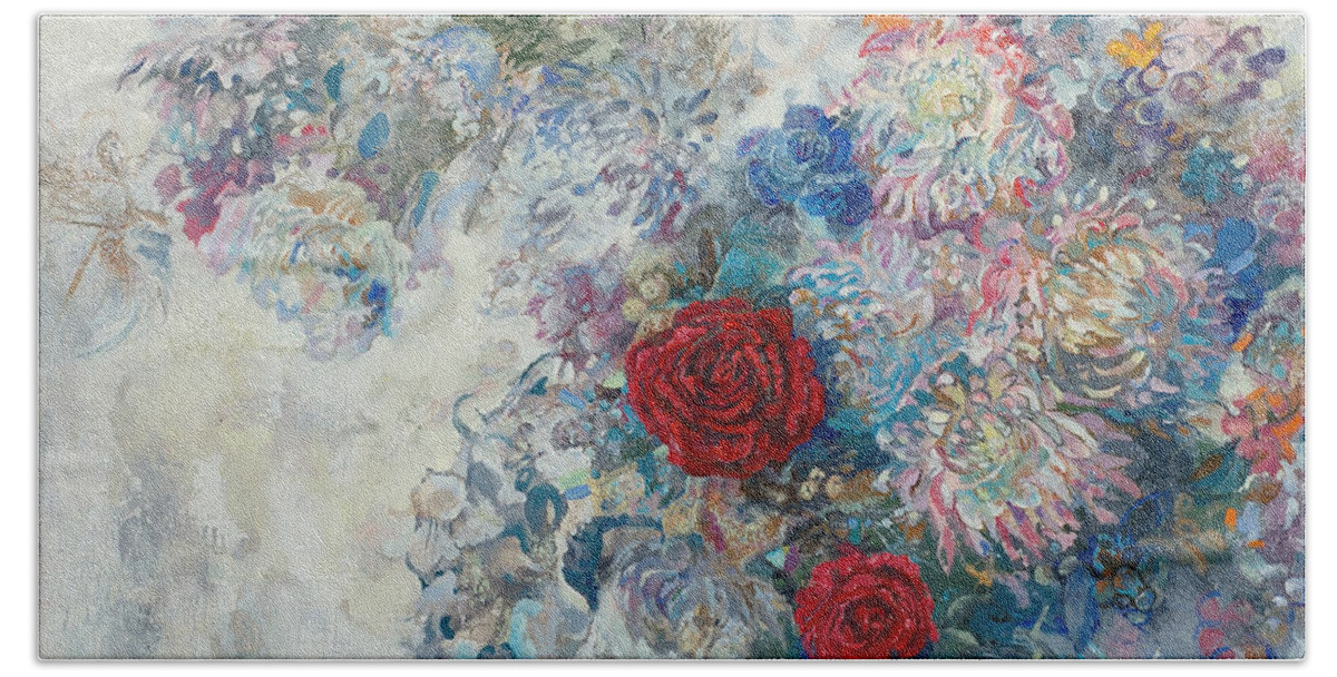 Maya Gusarina Bath Towel featuring the painting Red Roses by Maya Gusarina