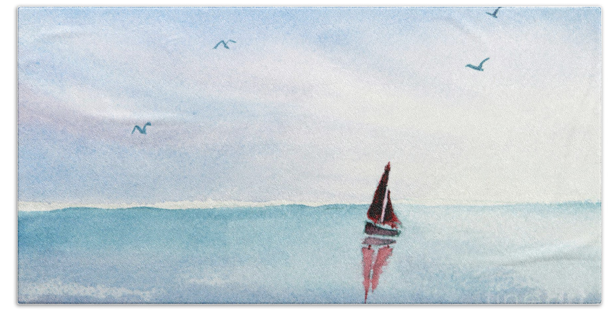 Sail Boat Hand Towel featuring the painting Red Sails on a Blue Sea by Pattie Calfy