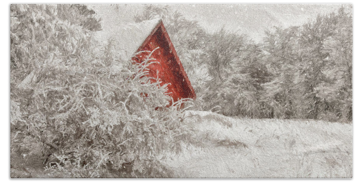 Shed Hand Towel featuring the digital art Red Shed In The Snow by Lois Bryan