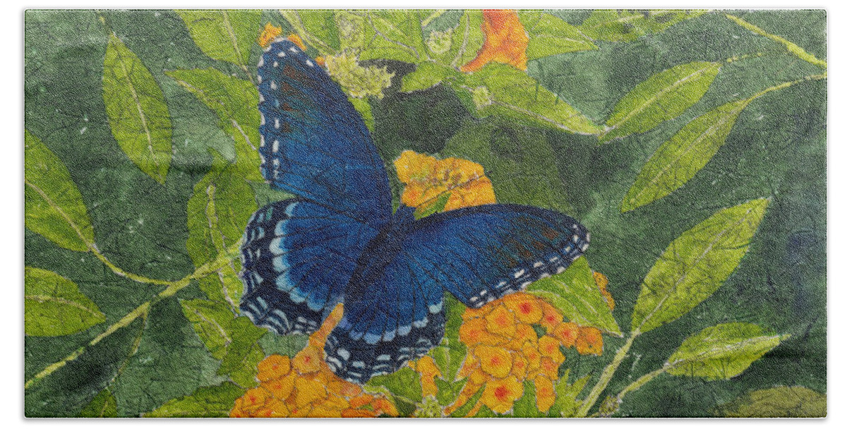 Butterfly Hand Towel featuring the painting Red Spotted Purple Butterfly Batik by Conni Schaftenaar