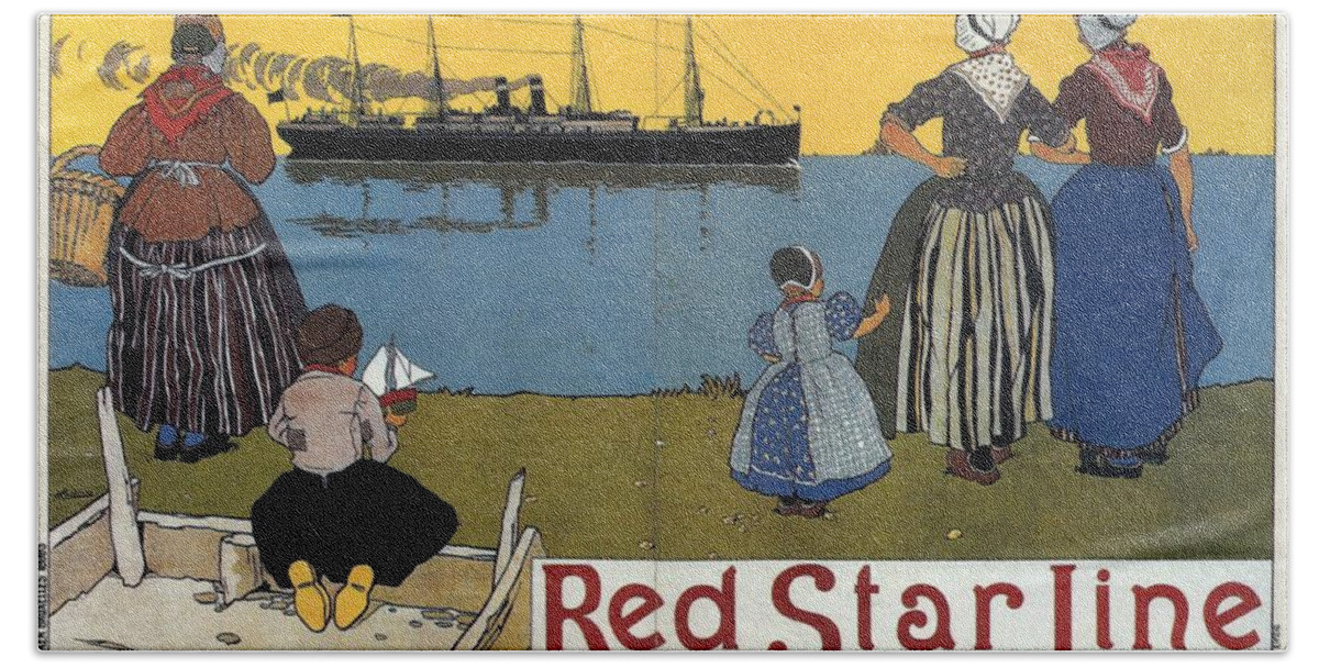 Red Star Line Hand Towel featuring the mixed media Red Star Line - Antwerpen - Amerika - Retro travel Poster - Vintage Poster by Studio Grafiikka