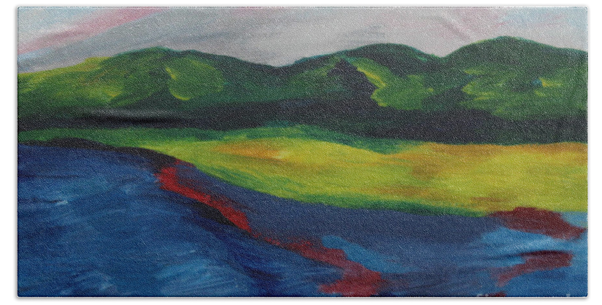 Painting Hand Towel featuring the painting Red Streak Lake by Annette M Stevenson
