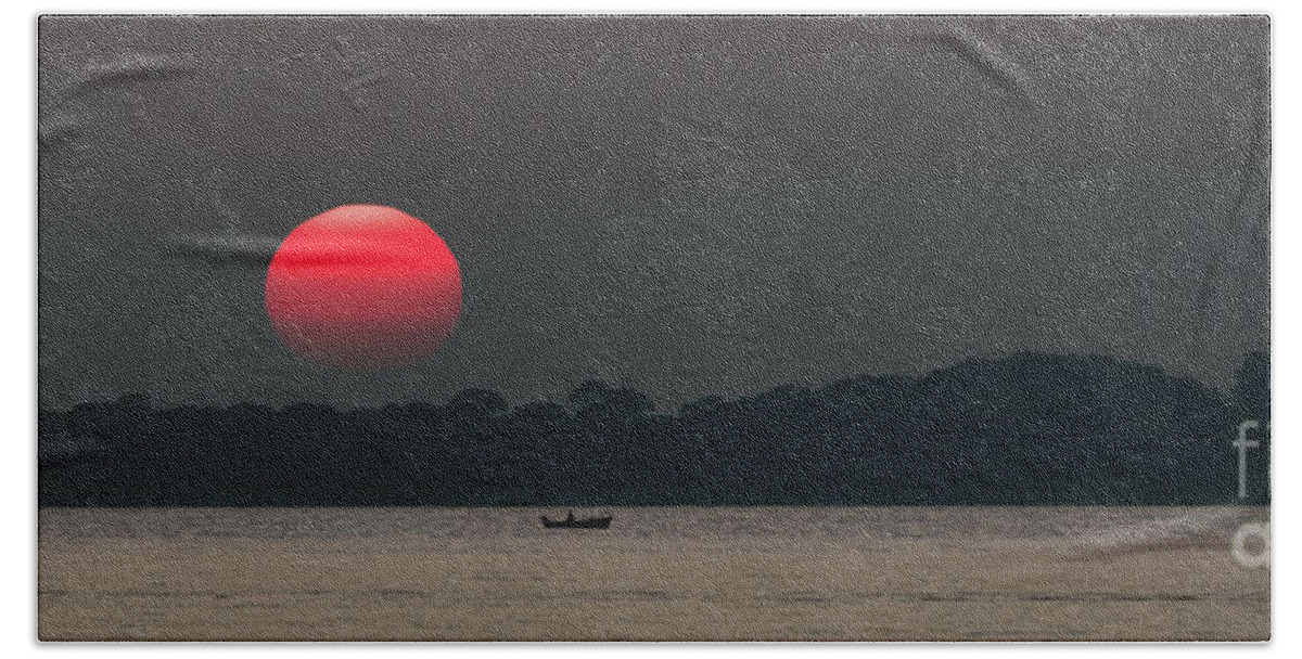 Sun Hand Towel featuring the photograph Red Sun at Sunset at Sea with Fishing Boat by Andreas Berthold