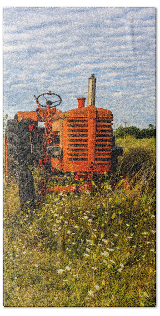 Tractor Bath Towel featuring the photograph Red Tractor in a green Meadow. by John Paul Cullen