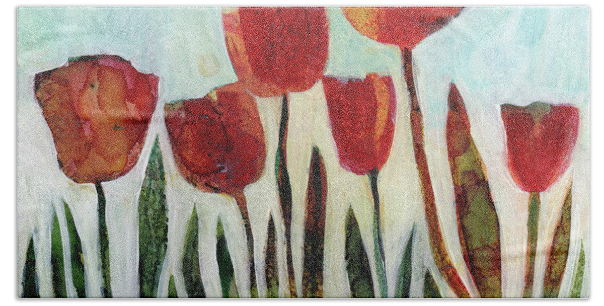 Red Tulips Hand Towel featuring the painting Red Tulips by Julie Maas