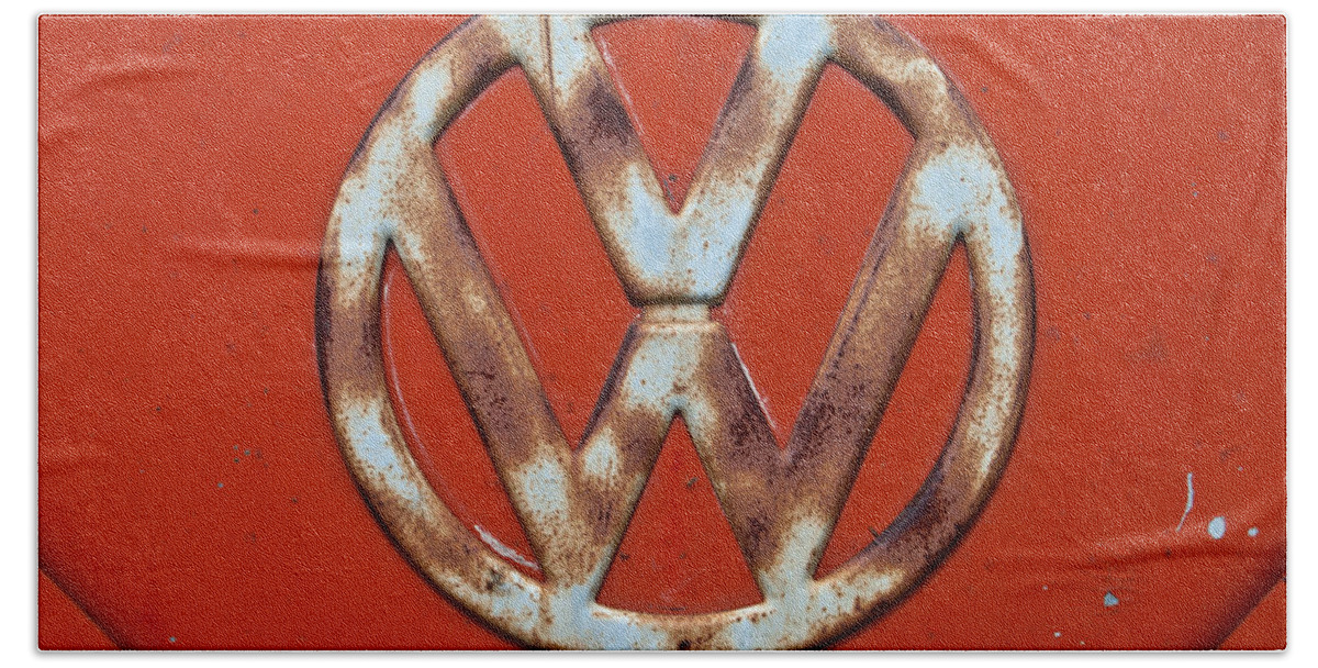 Vw Hand Towel featuring the photograph Red VW Bus Emblem by Jani Freimann