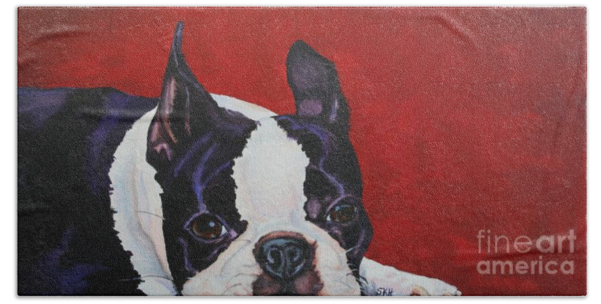Boston Terrier Hand Towel featuring the painting Red White and Black by Susan Herber