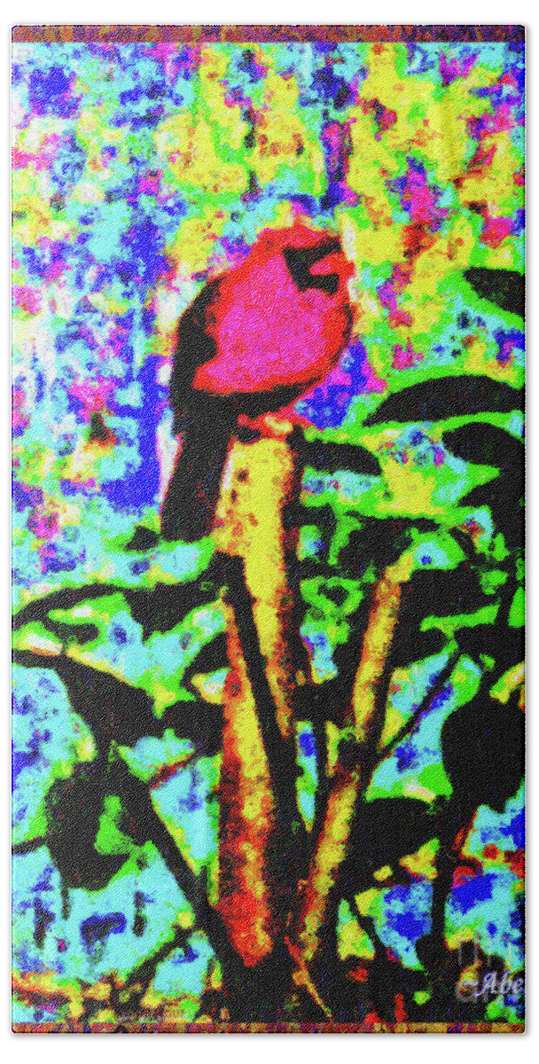 Chromatic Poetics Bath Towel featuring the digital art Redbird Dreaming about Why Love is Always Important by Aberjhani