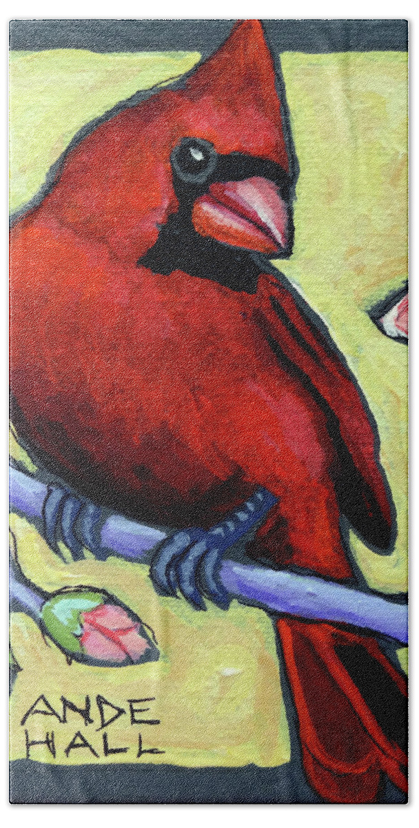 Cardinal Hand Towel featuring the painting Redbird With Buds by Ande Hall