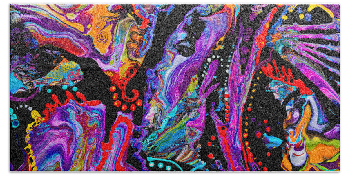 Fun Fishy Compelling Bright Colorful Popping Abstract Fluid-acrylics Contemporary Modern Fantasy-reef Black Bright Orange Blues Purple Bath Towel featuring the painting Reef Fantasy #3081 by Priscilla Batzell Expressionist Art Studio Gallery