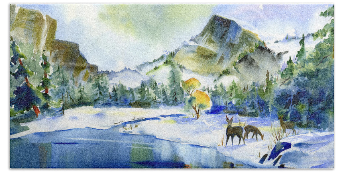 Yosemite Bath Towel featuring the painting Reflecting Yosemite by Joan Chlarson