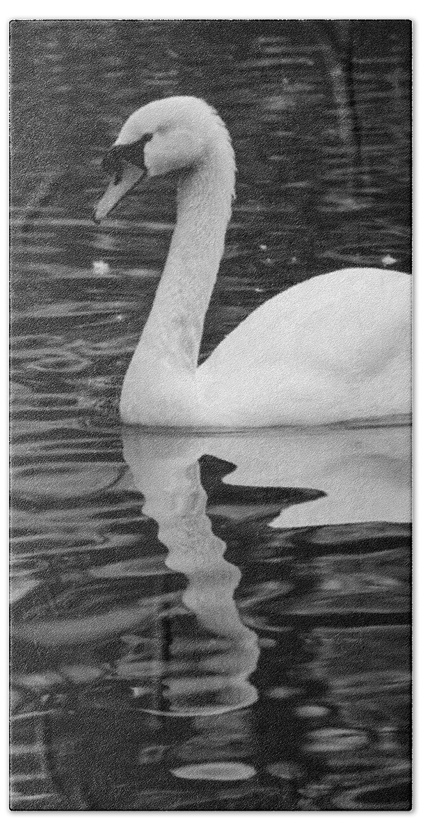 Lake Bath Towel featuring the photograph Reflection of a white swan by AM FineArtPrints