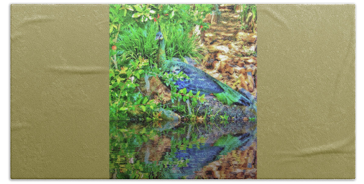 Peahen Hand Towel featuring the photograph Reflection of Beauty by Doris Aguirre