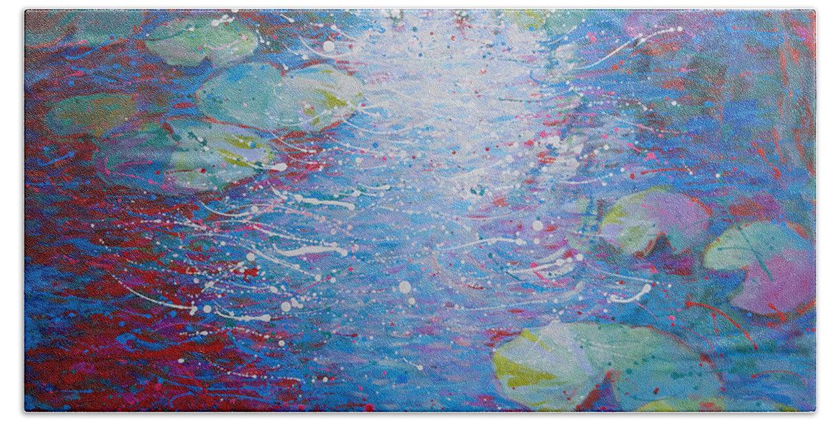  Bath Towel featuring the painting Reflection Pond with Liles by Jyotika Shroff