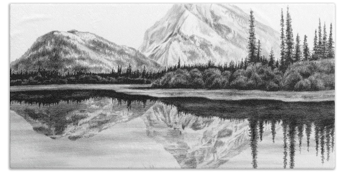 Landscape Bath Towel featuring the drawing Reflections - Mountain Landscape Print by Kelli Swan
