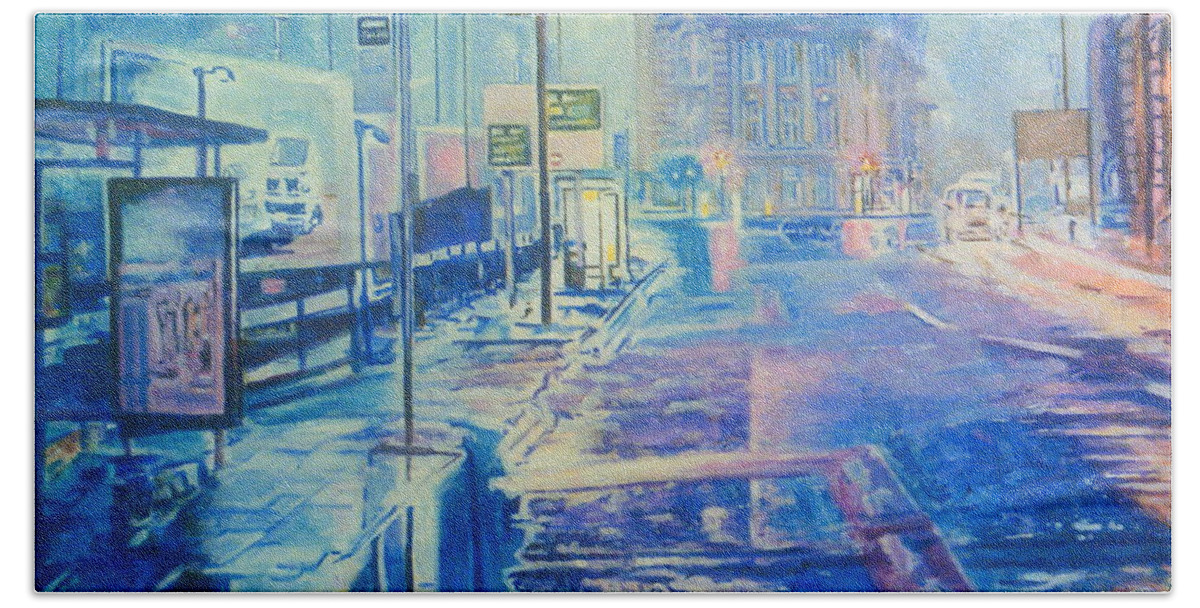 Reflections Bath Towel featuring the painting Reflections At Night In Manchester by Rosanne Gartner
