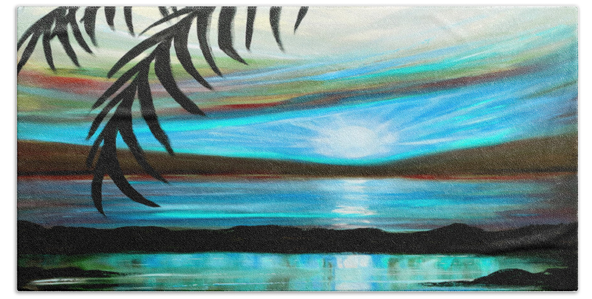 Sunset Bath Towel featuring the painting Reflections in Teal - Landscape Sunset by Gina De Gorna