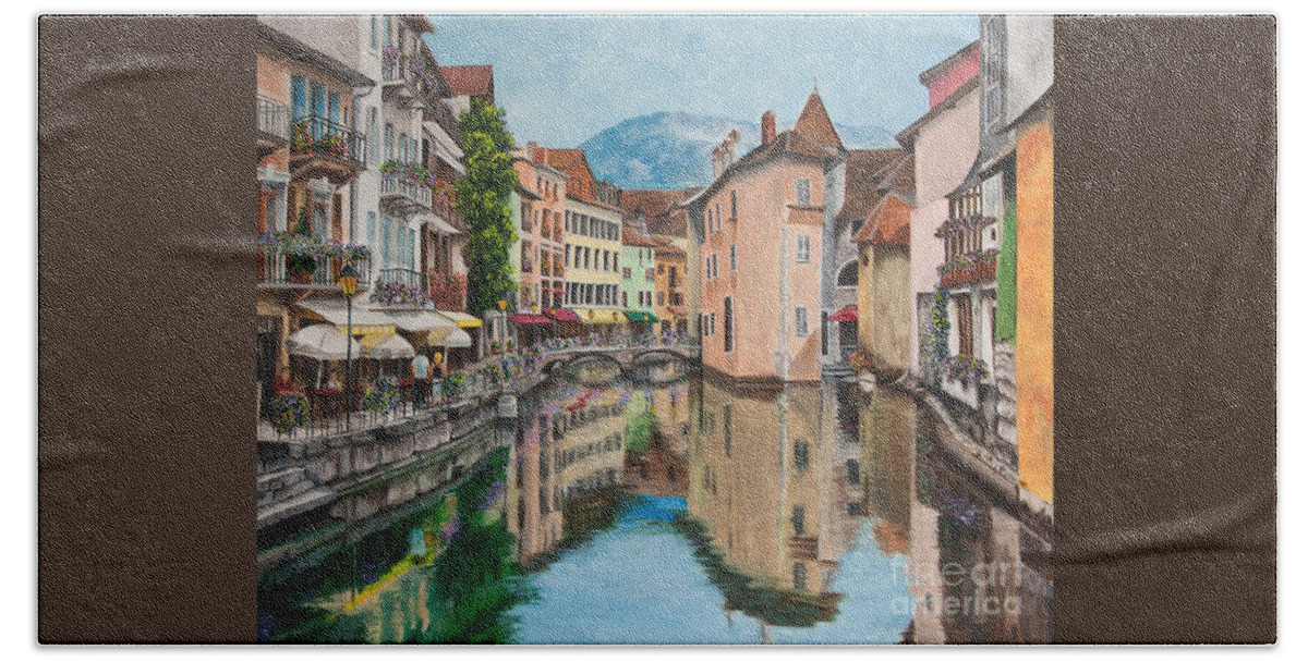 Annecy France Art Bath Towel featuring the painting Reflections Of Annecy by Charlotte Blanchard