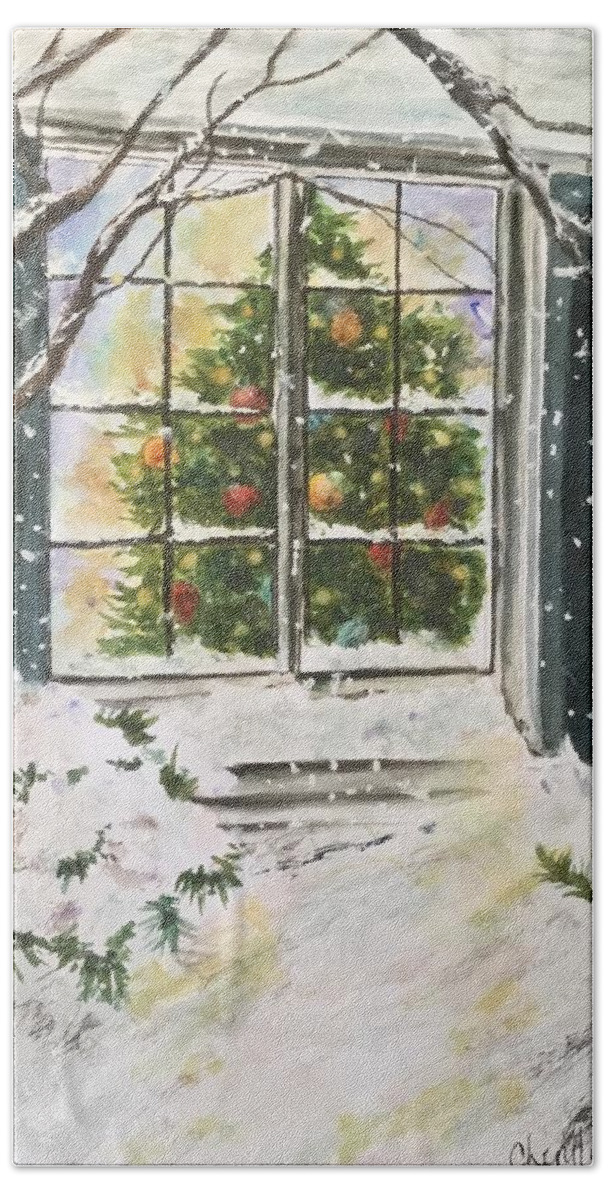 Snow Hand Towel featuring the painting Reflections of Christmas by Cheryl Wallace