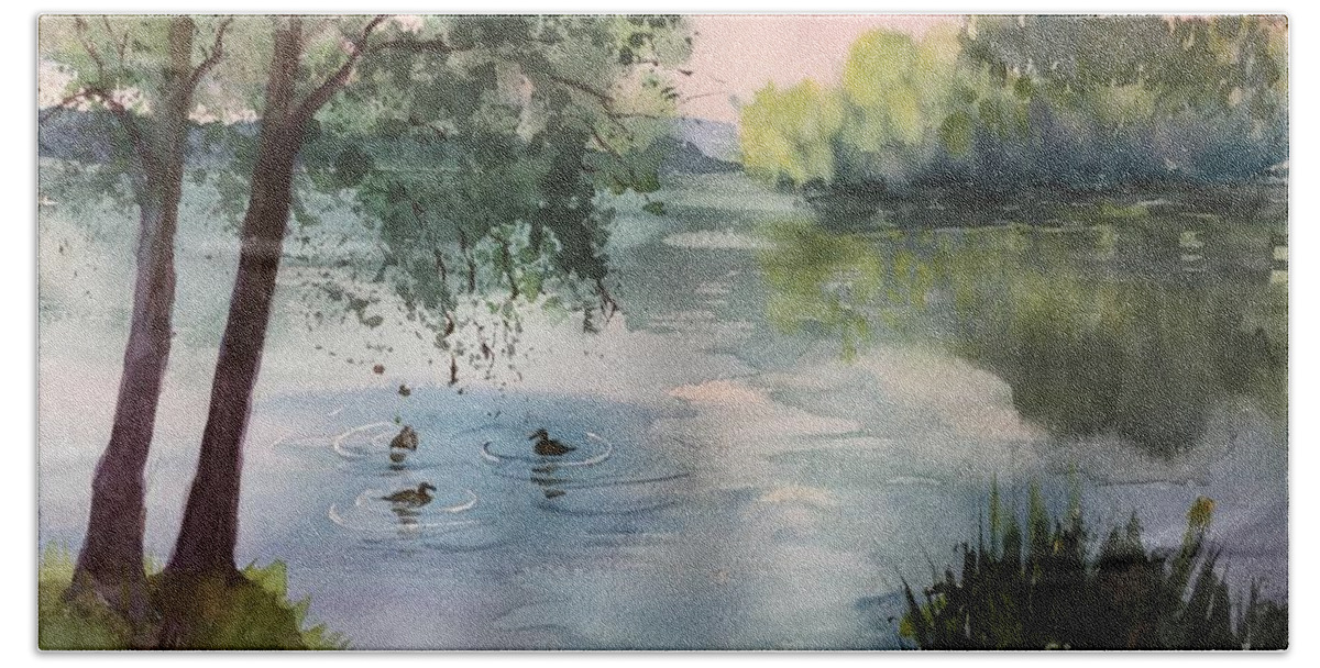Ducks Bath Towel featuring the painting Reflections by Watercolor Meditations
