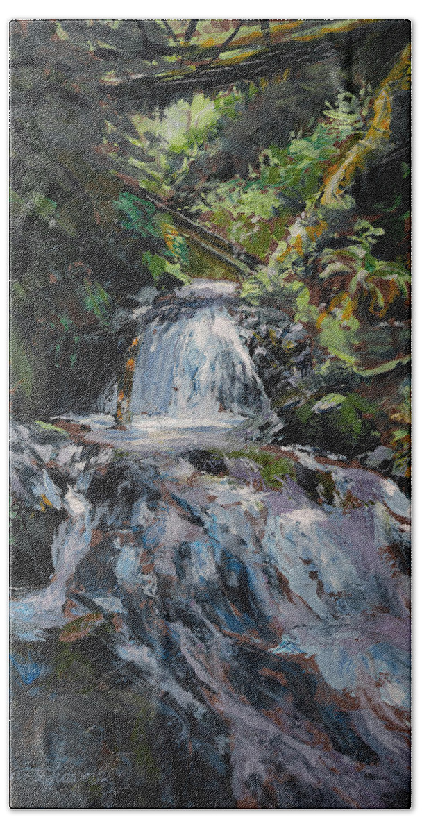 Impressionistic Bath Towel featuring the painting Refreshed - Rainforest Waterfall Impressionistic Painting by K Whitworth