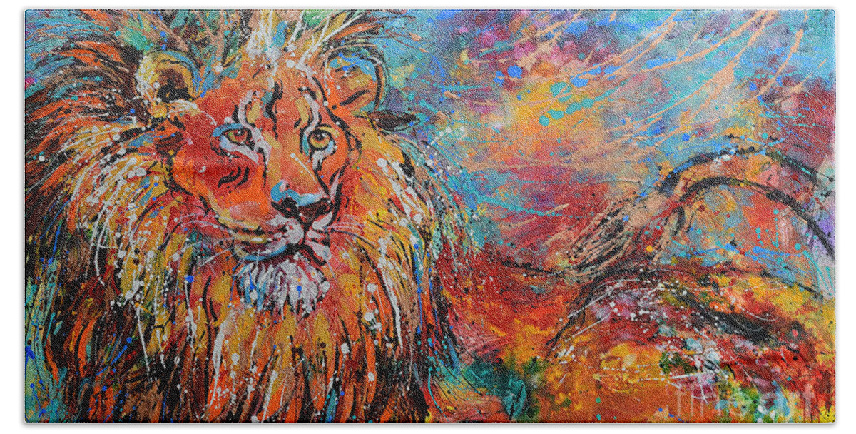 African Wildlife Bath Towel featuring the painting Regal Lion by Jyotika Shroff