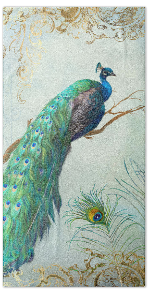 Peacock On Tree Branch Hand Towel featuring the painting Regal Peacock 1 on Tree Branch w Feathers Gold Leaf by Audrey Jeanne Roberts