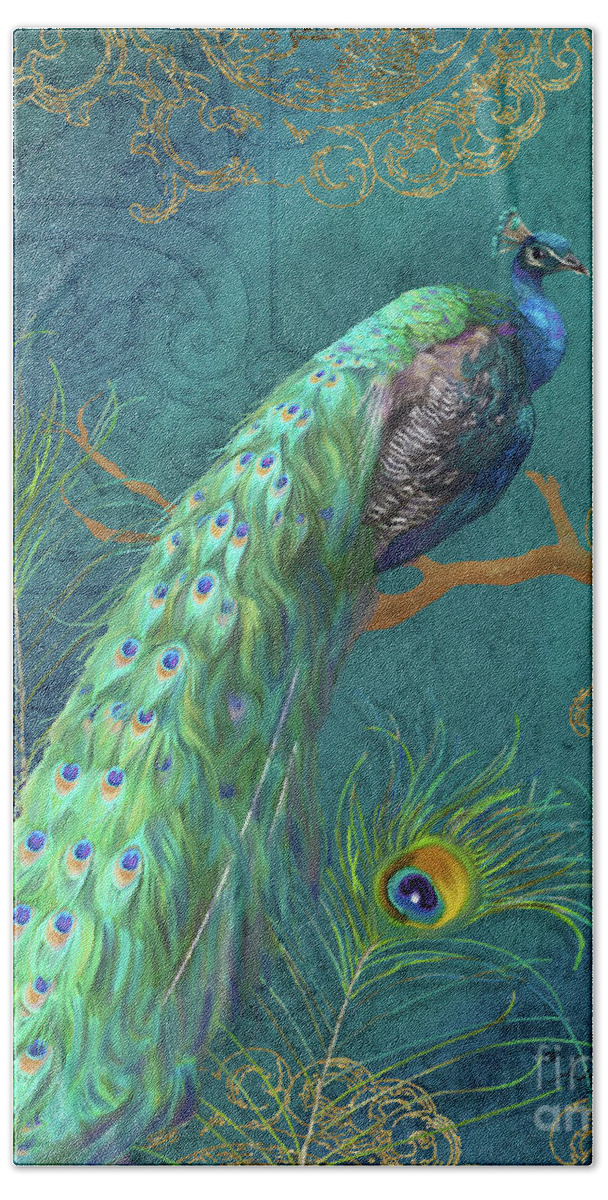 Peacock Hand Towel featuring the painting Regal Peacock 3 Midnight by Audrey Jeanne Roberts