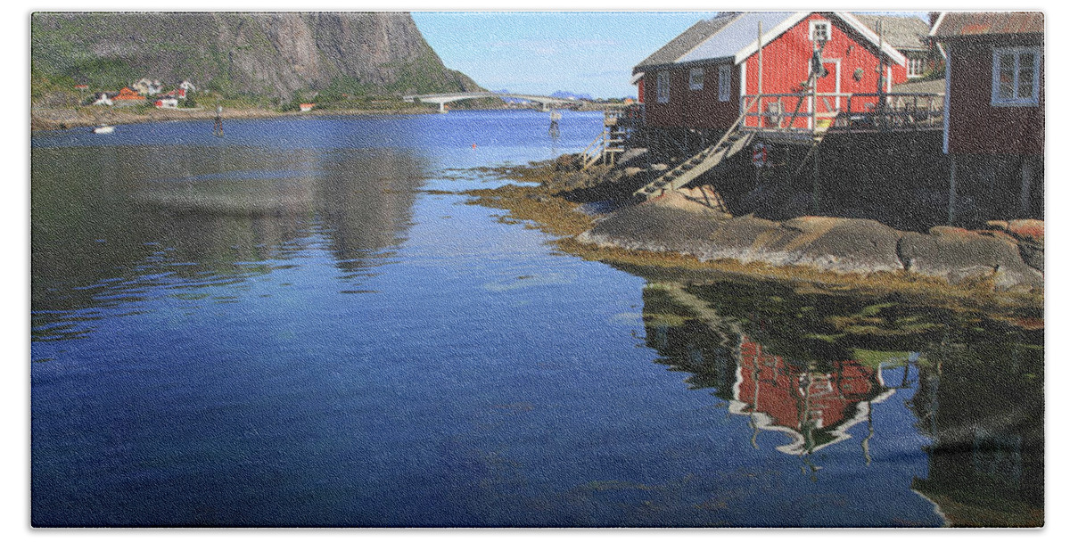 Fishing Village Bath Towel featuring the digital art Reine, Norway by Lisa Redfern