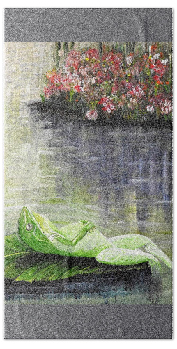 Art Bath Towel featuring the painting Relaxing Frog in a Sunny Pond by Medea Ioseliani