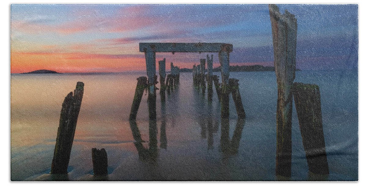 Sunrise; Massachusetts; New England; Pier; Historic; Long Exposure; Ocean; Beverly; Beverly Farms; West Beach; Misery Island; East Coast; Usa; Red; Orange; Peaceful; Calm; Soothing; Tranquil; Morning; Alone; Old; Relic; Blizzard Of '78; Remains; Relic Bath Towel featuring the photograph Relic by Rob Davies