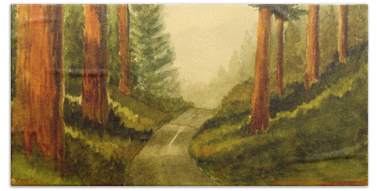 Redwoods Bath Towel featuring the painting Remembering Redwoods by Marilyn Jacobson