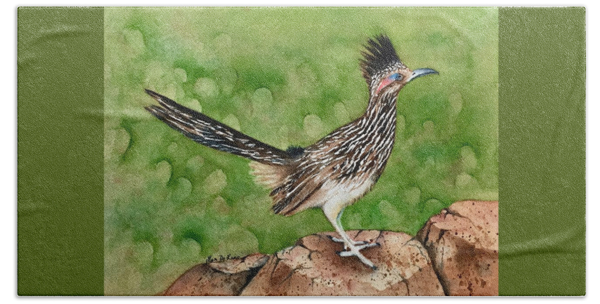 Roadrunner Hand Towel featuring the painting Remy Roadrunner by Lyn DeLano