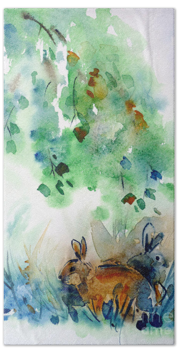 Bunny Hand Towel featuring the painting Rendezvous by Zaira Dzhaubaeva