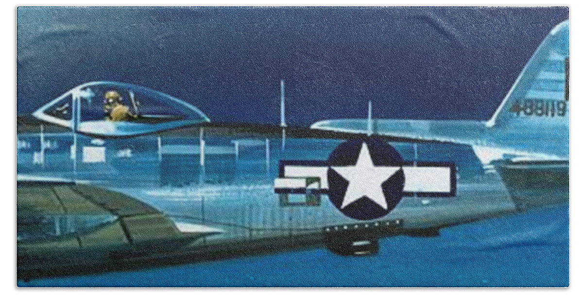 Aircraft; Aeroplane; Plane; Flying; Curtis P-40b; North American P-51b Mustang; Republic P-47n Thunderbolt; Lockheed P-38j Lightning Hand Towel featuring the painting Republic P-47N Thunderbolt by Wilf Hardy