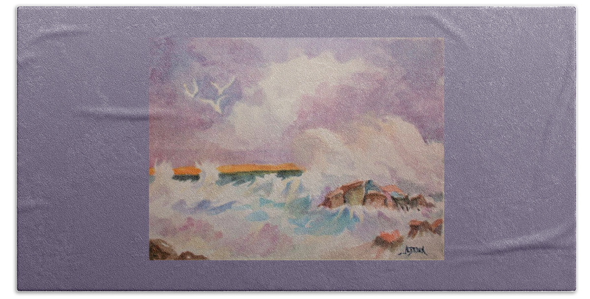 Sea Hand Towel featuring the painting Restless Sea at Sunset by Al Brown