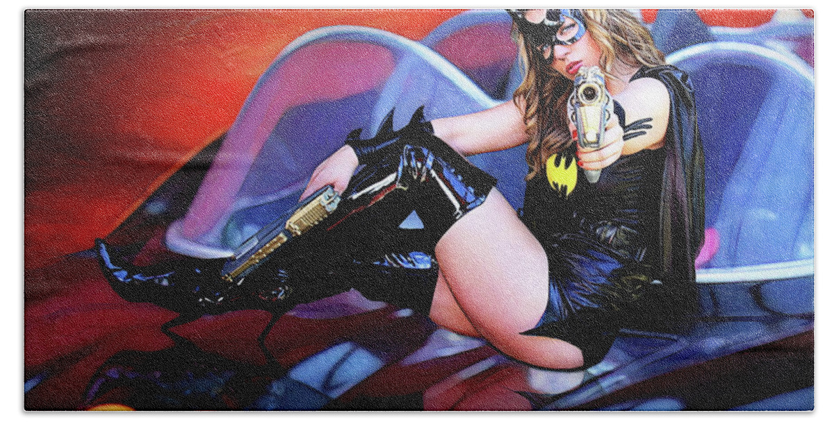 Bat Hand Towel featuring the photograph Retro Bat Woman On Car by Jon Volden