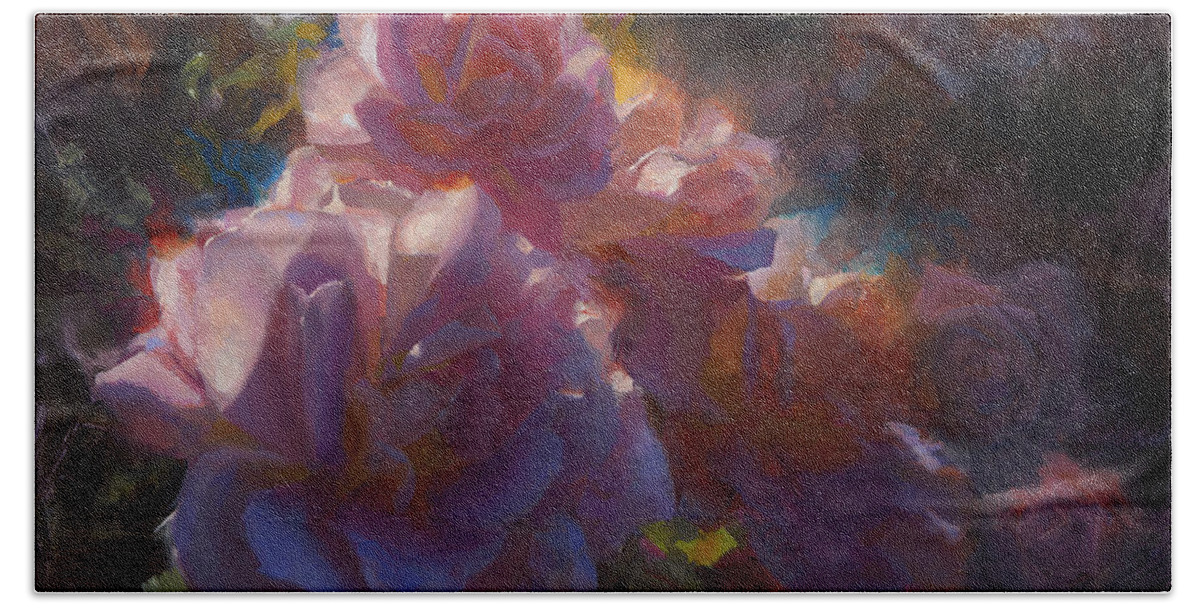 Paintings Of Roses Bath Towel featuring the painting Rhapsody Roses - Flowers in the Garden Painting by K Whitworth