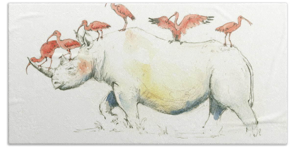 Rhino Bath Towel featuring the painting Rhino and ibis by Juan Bosco