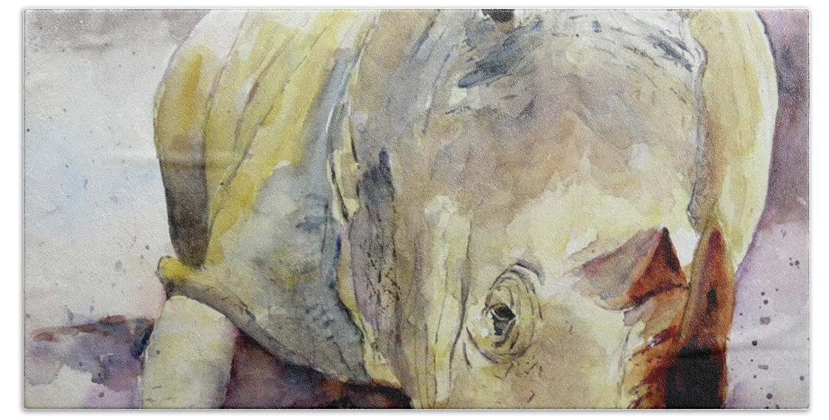 Rhino Bath Sheet featuring the painting Rhino Reclining by Claudia Hafner
