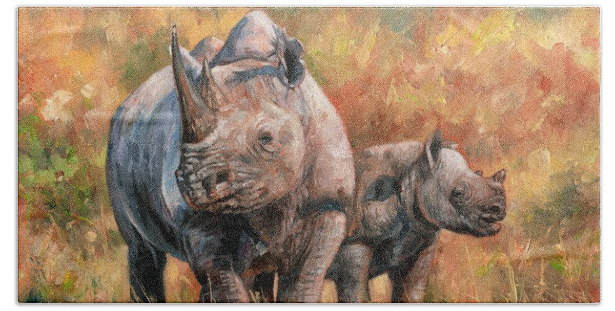 Rhino Hand Towel featuring the painting Rhinos by David Stribbling