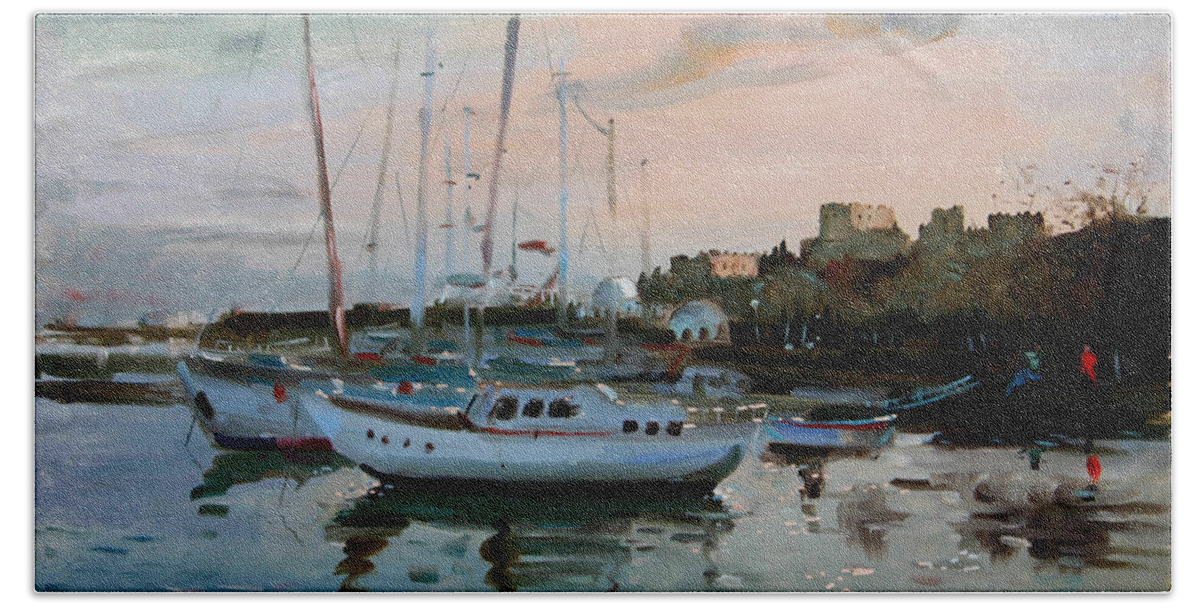 Rhodes Greece Bath Sheet featuring the painting Rhodes Mandraki Harbour by Ylli Haruni