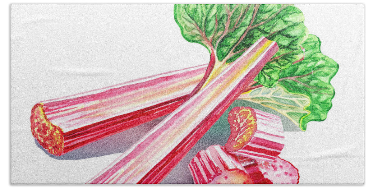 Rhubarb Stalks Hand Towel featuring the painting Rhubarb Stalks by Irina Sztukowski