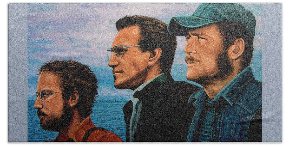 Jaws Bath Towel featuring the painting Jaws with Richard Dreyfuss, Roy Scheider and Robert Shaw by Paul Meijering