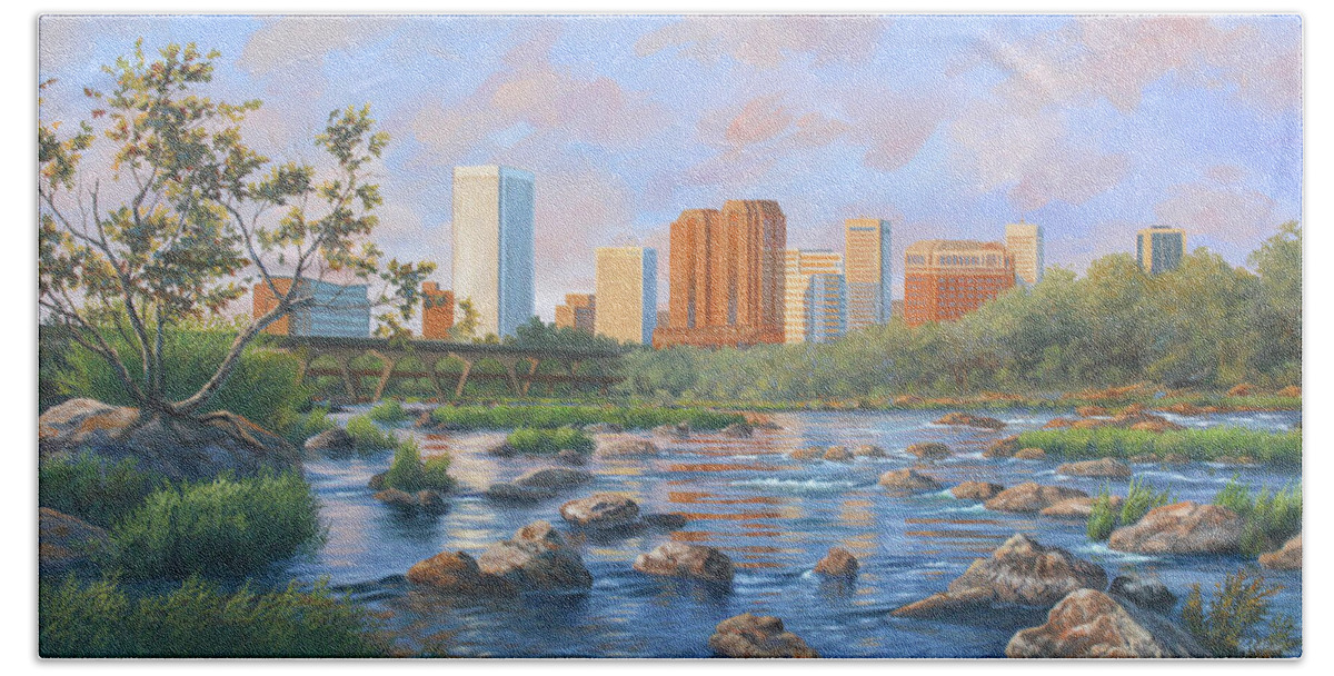 Guy Crittenden Bath Towel featuring the painting Richmond City Skyline by Guy Crittenden