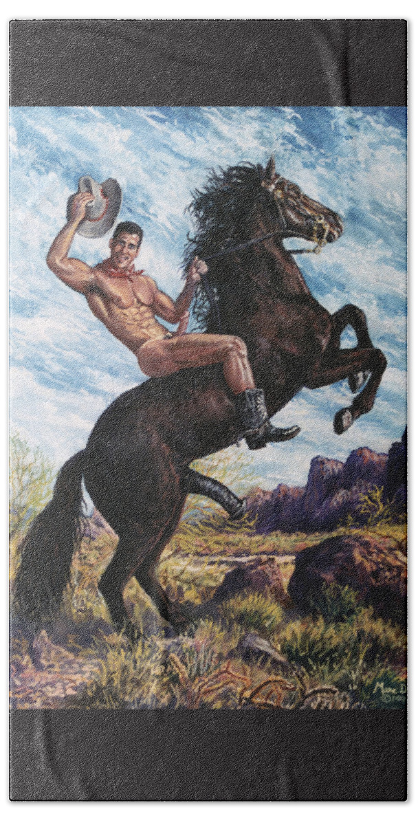 Cowboy Bath Towel featuring the painting Ridin' Hard by Marc DeBauch