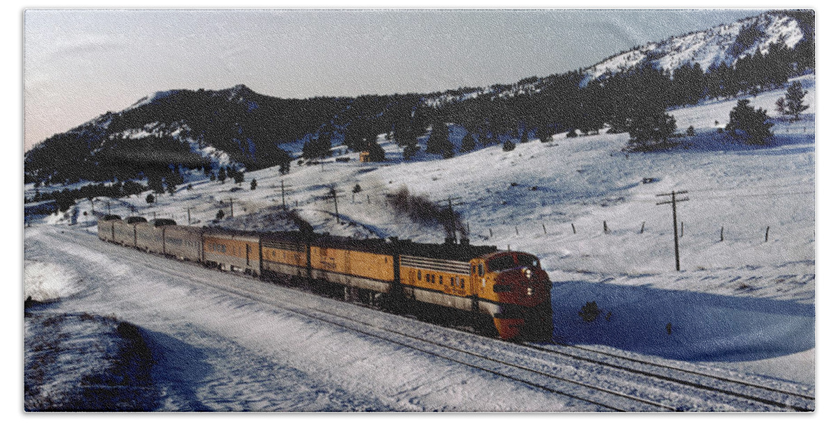 Observation Dome Railcar Hand Towel featuring the photograph Rio Grande Zephyr Trainset in the Snow, Plainview Colorado, 1983 by Wernher Krutein