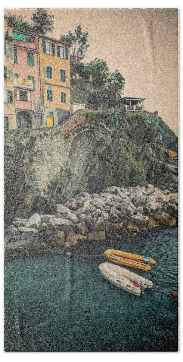 Joan Carroll Bath Towel featuring the photograph Riomaggiore Cinque Terre Italy Morning vintage by Joan Carroll