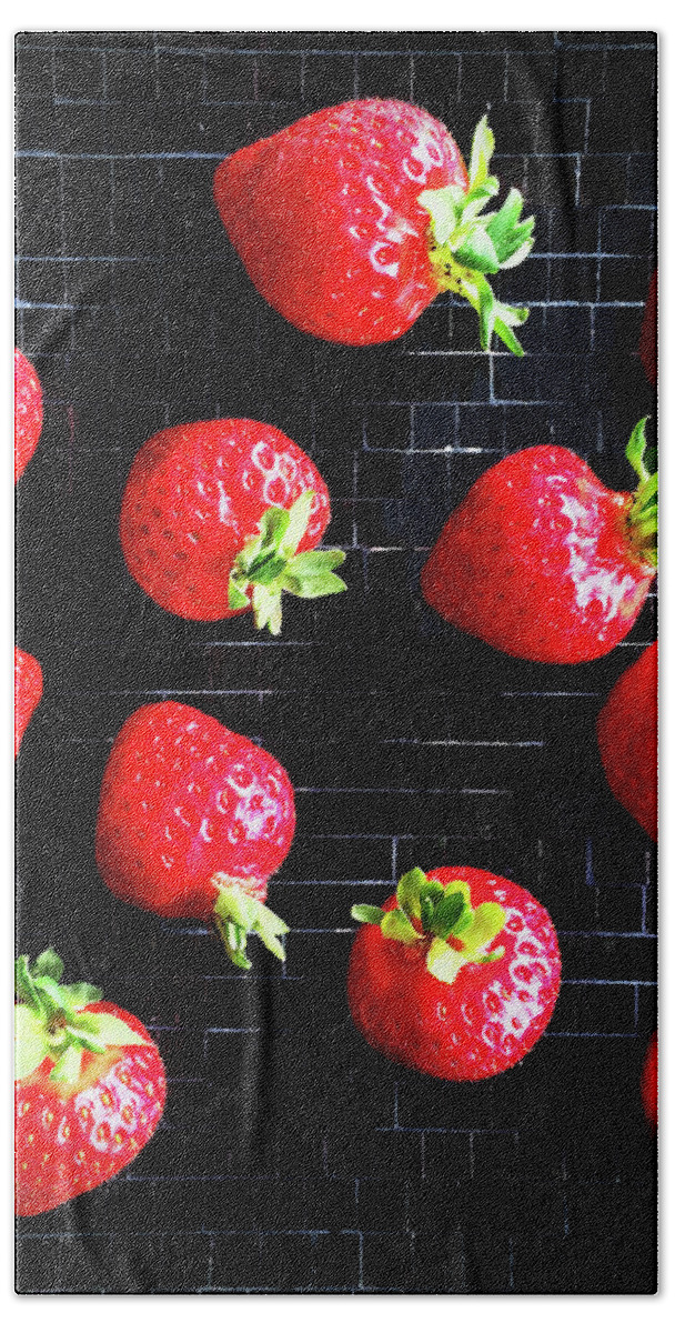 Strawberry Bath Towel featuring the photograph Ripe strawberries on back plate by GoodMood Art
