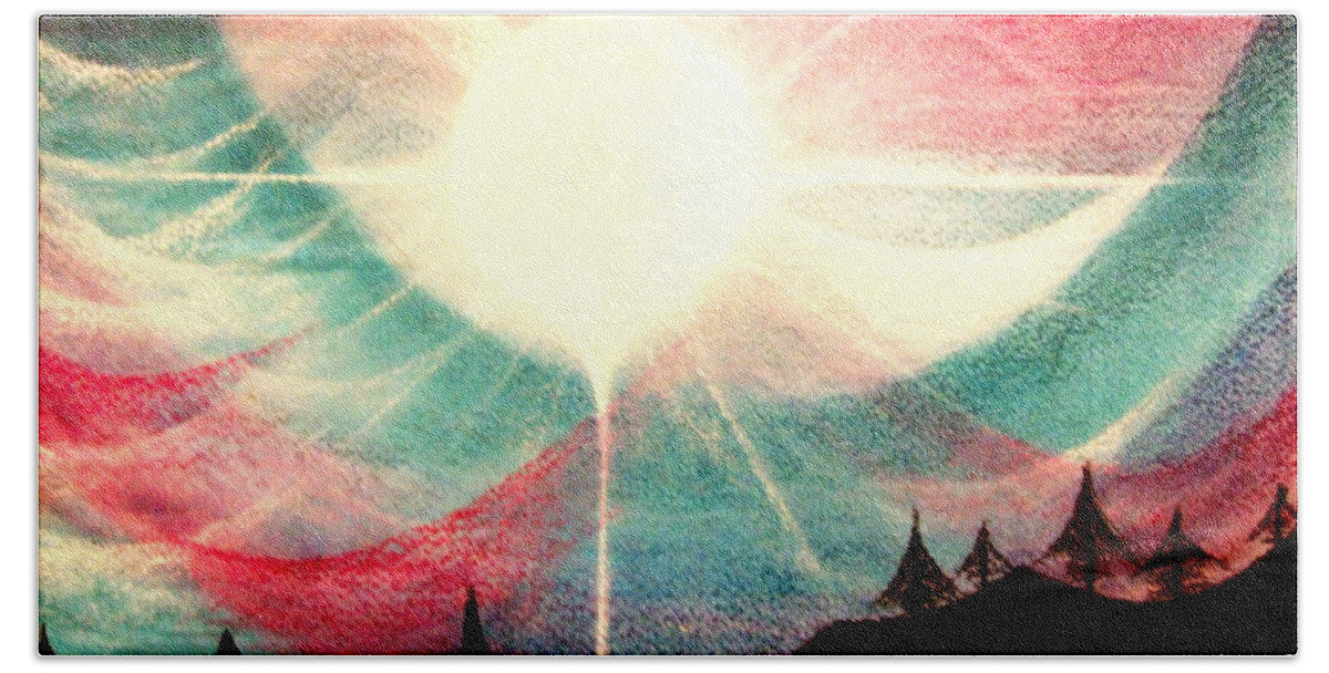 Sunrise.landscape Hand Towel featuring the painting Rising Sun by Kumiko Mayer